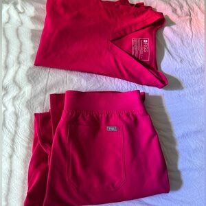 Figs Hot Pinks Woman’s Large Scrubs Set Tall Bottoms Hospital Scrubs Wide Leg